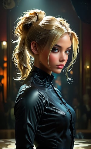 Create an original concept art of a blond sexy teasing ponytail female character turning her head, wearing a black male suit costume jacket, inspired by the thriller genre. Employ a blend of natural and volumetric lighting to accentuate the intricate, complex design, giving the piece a fantastical and maximalist feel. The image should convey a sense of mystery and sophistication, matching the quality of an 8k resolution professional photograph