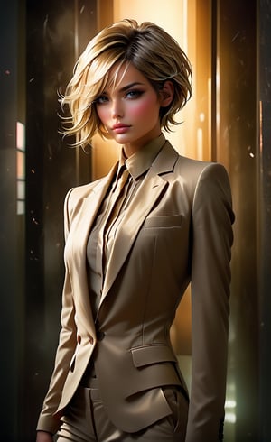 Create an original concept art of a blond short haired straight hair sexy teasing female character, wearing a beige business suit, inspired by the thriller genre. Employ a blend of natural and volumetric lighting to accentuate the intricate, complex design, giving the piece a fantastical and maximalist feel. The image should convey a sense of mystery and sophistication, matching the quality of an 8k resolution professional photograph