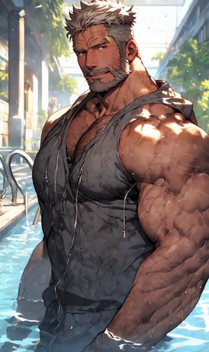 A stunning (masterpiece) (best quality) image featuring a handsome dad with light_brown skin, standing poolside with wet skin glistening in the soft, warm light. His combed white hair and thick beard frame his chiseled rugged features, complete with anime eyes and a slight smile. The camera captures a middle shot of his perfect body and physique, highlighting his skin under a subtle sheen of water droplets. Expert shading brings depth and dimension to this solo portrait, showcasing the epitome of masculinity, bara midjourney,Muscular,nijimale