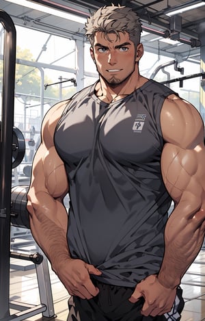 (best Quality), (Masterpiece), arafed, an illustration of a young man, 20s, mature_male, light_brown skin, bara, rugged, huge_pectorals, large shoulders, thick chest, solo, facial hair, pointy hair, short hair, shorts, stubble, manly, solo, gym background, broad shoulders, slight smile, alone, tank_top, gray_hair, dyed_hair, jawline, hands_on_hips,perfect