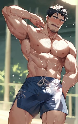 score_9,score_8_up,score_7_up,score_6_up, source_anime ,masterpiece, best quality, dynamic pose, shaded, detailed face, detailed shading, detailed skin, shaded skin, perfect hands, perfect face, perfect anatomy, countershading:1.1, manly, muscular male standing on the pool outdoors under the sunlight, 1boy, male focus, facial hair, solo, ((muscular)), wet, short hair, chest hair, pectorals, mature male, old man, looking at viewer, blush, eyebrows, swim trunks, large pectorals, black hair, wet hair, cowboy shot, gadoart,bara