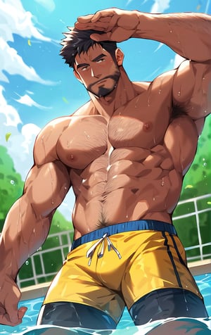 score_9,score_8_up,score_7_up,score_6_up, masterpiece, best quality, dynamic pose, shaded, detailed face, detailed shading, detailed skin, shaded skin, realistic shading, perfect hands, perfect face, perfect anatomy, countershading:1.1, manly, muscular male standing on the pool outdoors under the sunlight, 1boy, male focus, facial hair, solo, beard, (muscular male), wet, short hair, chest hair, pectorals, mature male, older_male, looking at viewer, blush, eyebrows, swim trunks, large pectorals, black hair, wet hair, cowboy shot, gadoart