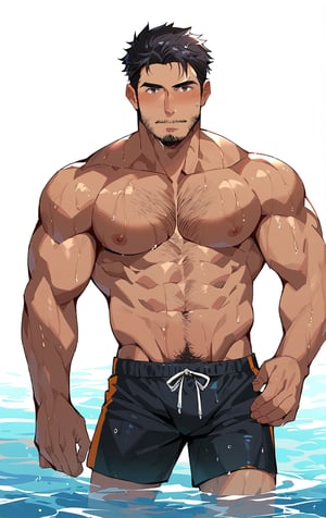 score_9,score_8_up,score_7_up,score_6_up, source_bara gadoart, a rugged, manly muscular male standing on the pool outdoors under the sunlight, 1boy, male focus, facial hair, solo, beard, (muscular male), wet, short hair, chest hair, pectorals, mature male, older_male, looking at viewer, blush, eyebrows, swim trunks, perfect face, perfect anatomy, large pectorals, black hair, wet hair, cowboy shot, 