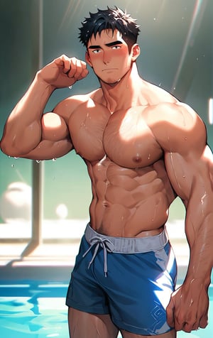 score_9,score_8_up,score_7_up,score_6_up, source_anime ,masterpiece, best quality, dynamic pose, shaded, detailed face, detailed shading, detailed skin, shaded skin, perfect hands, perfect face, perfect anatomy, countershading:1.1, manly, muscular male standing on the pool outdoors under the sunlight, 1boy, male focus, facial hair, solo, (muscular male), wet, short hair, chest hair, pectorals, mature male, older_male, looking at viewer, blush, eyebrows, swim trunks, large pectorals, black hair, wet hair, cowboy shot, gadoart,bara