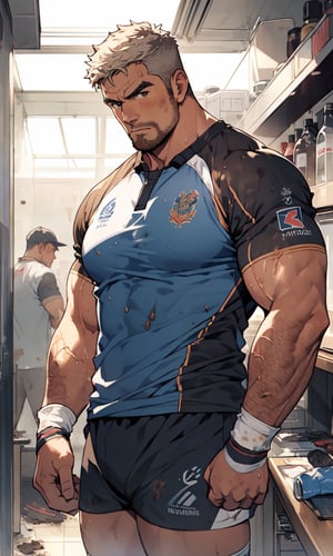 (best Quality), (Masterpiece), arafed, an illustration of an aged man, (mature_male), light_brown skin, bara, tight shirt, rugged, muscular pectorals, huge pectorals, thick forearm, solo, facial hair, short hair, shorts, hairy stubble, water bottle, manly, (niji), rugby uniform, stains, dirty, 1boy,