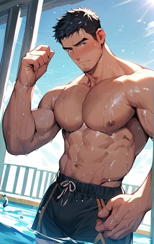 score_9,score_8_up,score_7_up,score_6_up, source_anime ,masterpiece, best quality, dynamic pose, shaded, detailed face, detailed shading, detailed skin, shaded skin, perfect hands, perfect face, perfect anatomy, countershading:1.1, manly, muscular male standing on the pool outdoors under the sunlight, 1boy, male focus, facial hair, solo, (muscular male), wet, short hair, chest hair, pectorals, mature male, old man, looking at viewer, blush, eyebrows, swim trunks, large pectorals, black hair, wet hair, cowboy shot, gadoart,bara