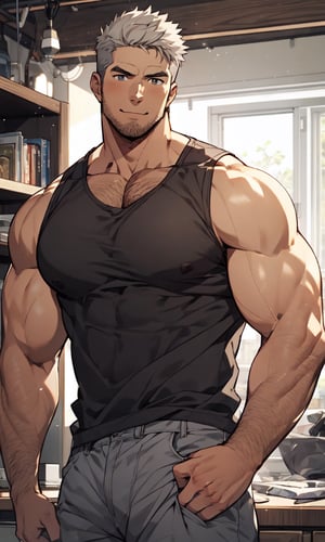 (super-quality) (hd render), (Masterpiece) arafed, an illustration of a male in his 30s, with a short thin facial_hair, light_brown skin, bara, rugged, (huge_chest), tanktop, (very short hair), shorts, (stubble), manly, solo, muscular, slight smile, grey-white hair, niji, hands_on_waist, inside home, medium_body_shot, male_focus, balanced_proportions