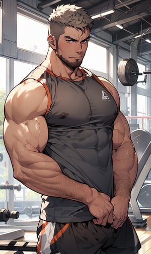 (best Quality), (Masterpiece), arafed, an illustration of a grown man, (mature_male), light_brown skin, (bara), rugged, muscular_pecs , thick forearms, solo, facial hair, short hair, shorts, stubble, manly, solo, gym background, broad shoulders, slight smile, alone, tank_top, covered_nipples, arms_crossed, gray_hair, dyed_hair