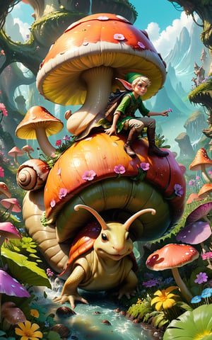 ((masterpiece)), ((best quality)), an elf riding a giant snail through a world filled with oversized flowers and mushrooms. 

detailmaster2, photo r3al, anthro, ColorART