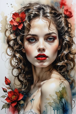 Cinematographic, masterpiece. Using a mixed media approach combining oil paint, pen and ink, and alcohol ink on a pristine white background, this artwork employs a seamless double exposure technique, a hyper-detailed and intricate portrait of an elegant woman with a striking (((clean detailed face))), red lips, long curly, surrounded by delicately rendered flowers, 8k, Gabriele Dell'otto, Bob Peak, bright saturated colors, watercolor, algae paintings oil, HDR, 500px

,more detail XL, rebsonya,rebhanna,rebemily