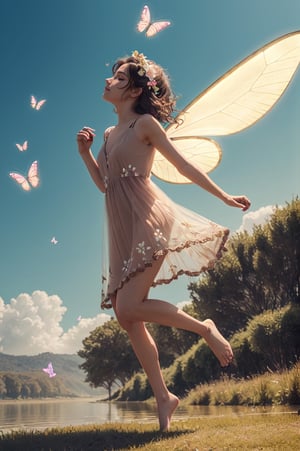 (1girl), fairy_wings, flower_hair_ornament, floral_dress, standing, one leg bent, levitation, look at the ground, light halo, brown light around, fractal, power, strength, flying butterflies, no background, transparent dress, light brown dress, cute, made up, side view , water source, eyes closed