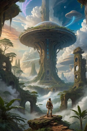 masterpiece, highly detailed, In the heart of the jungle, amidst the remnants of a bygone era, the explorer stands amidst the Alien Ruins, he expression a blend of wonder and determination as he contemplates the intersection of Science Fiction and reality, the swirling clouds overhead a symbol of the turbulent journey that lies ahead, Intense contrasts, surreal