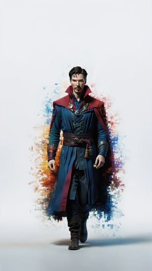 centered, extremely detailed, high resolution, a picture of Doctor Strange walking by and dissolving into pixels, cinematic,  volumetric dramatic lighting, intricate, shadow, (((white backkground)))