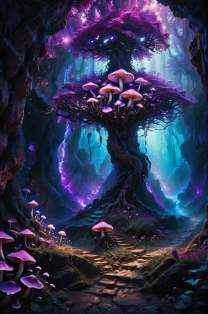 huge dark underground cave, Various purple mushrooms, a huge purple tree at the end of the cave, the roots spread all the way to the top, panoramic view, extremely high-resolution details, photographic, realism pushed to extreme, fine texture, incredibly lifelike perfect shadows, atmospheric lighting, volumetric lighting, sharp focus, focus on eyes, masterpiece, professional, award-winning, exquisite detailed, highly detailed, UHD, 64k,


