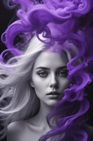 Highly detailed, photo-realistic, (Masterpiece), highest quality, 8k, HD, photography, a beautiful young woman with long white hair in black and white is surrounded by purple ink that flows like smoke, face reflects intense pain, (((eyes open))), Intense contrasts, surreal, 

add_more_creative