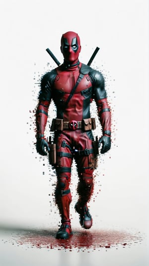 centered, extremely detailed, high resolution, a picture of deadpool walking by and dissolving into pixels, cinematic,  volumetric dramatic lighting, intricate, shadow, (((white backkground)))