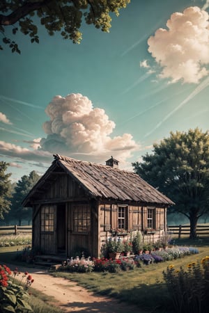 A beautiful small hut, hut's roof covered in a lot of flowers, beautiful clouds, forest, little farm infront of house, vegetable basket near the farm, raw photo, depth of field, UHD, retina, masterpiece, super detail, high details, high quality, award winning, best quality, highres, 1080P, HD, 4K, 8k, 16k, cinematic light, (masterpiece, best quality, ultra-detailed, 8K),

High detailed, Nature,High detailed 