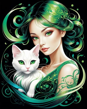 thin and very fine color lines stroke, ink splash art, 1 liquid luminous lady made of colors holding a furry cat, filigree, filigree detailed, swirling green flame, intricated pose, big beautiul eyes, black background 