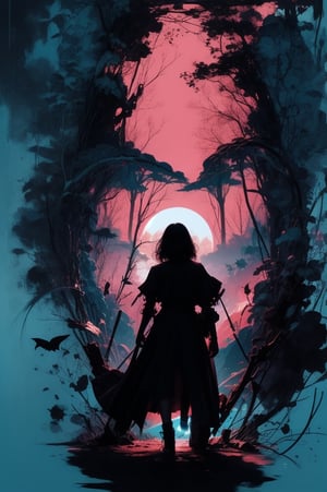 (silhouette:1.25), 1girl, dark background, blacklight, mid shot, full body, somber expression, looking  down, dark energy, vibrant cyan, portal to another world, flat color, flat shading, ultra realistic, highres, superb, 8k wallpaper, extremely detailed, intricate, limited palette, pink,

T shirt design
