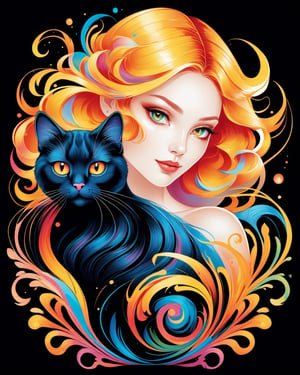 thin and very fine color lines stroke, ink splash art, 1 liquid luminous lady made of colors holding a furry cat, filigree, filigree detailed, swirling cmyk flame, intricated pose, big beautiul eyes, black background 