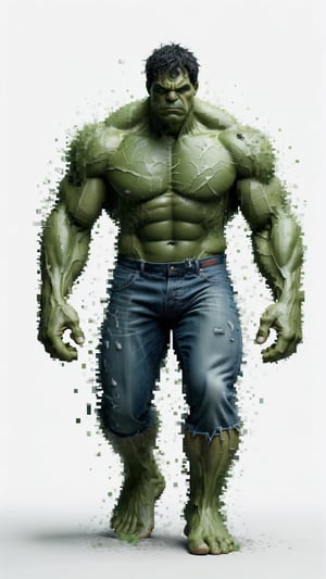 centered, extremely detailed, high resolution, a picture of Hulk  walking by and dissolving into pixels, cinematic,  volumetric dramatic lighting, intricate, shadow, (((white backkground)))