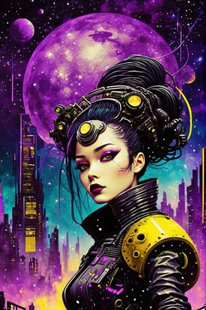 bladerunner filmposter：1 Lady, Starry sky and zodiac signs, Purple hues like nebulae, Vast space, city at the bottom of cyber punk personage, ( Background with:black and yellow Background with1.4), (RHAD:1.2), (artistic décor:1.4), (Retro-Future:1.4), (maximalist:1.4), (Clean:1.4), (Flat_colours:1.4), (cyber punk personage,Android:1.4), CCDDA art style, 

in the style of esao andrews