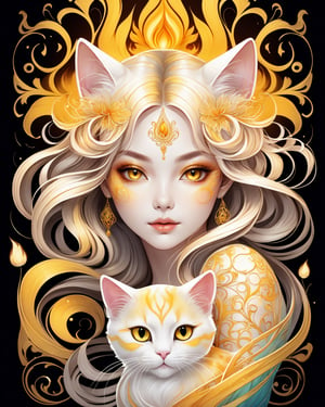 thin and very fine color lines stroke, ink splash art, 1 liquid luminous lady made of colors holding a furry cat, filigree, filigree detailed, swirling yellow flame, intricated pose, big beautiul eyes, 