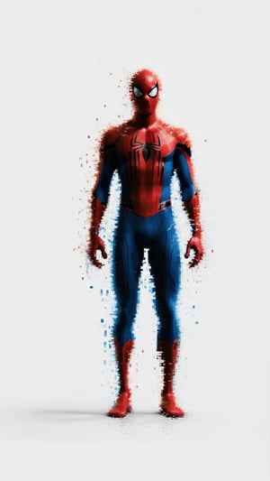 centered, extremely detailed, high resolution, a picture of spider-man walking by and dissolving into pixels, cinematic,  volumetric dramatic lighting, intricate, shadow, (((white backkground)))