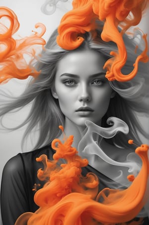 Highly detailed, photo-realistic, (Masterpiece), highest quality, 8k, HD, photography, a beautiful young woman with long blonde hair in black and white is surrounded by orange ink that flows like smoke, face reflects intense pain, (((eyes open))), Intense contrasts, surreal, 

add_more_creative