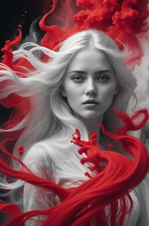 Highly detailed, photo-realistic, (Masterpiece), highest quality, 8k, HD, photography, a beautiful young woman with long white hair in black and white is surrounded by red ink that flows like smoke, face reflects intense pain, (((eyes open))), Intense contrasts, surreal, 

add_more_creative