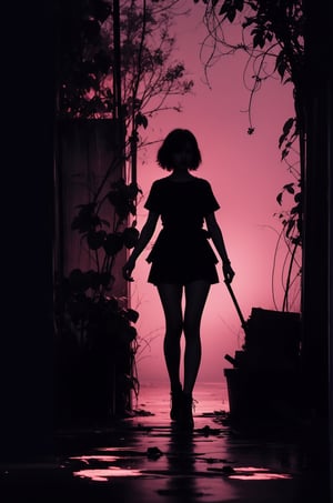 (silhouette:1.25), 1girl, dark background, blacklight, mid shot, full body, somber expression, looking  down, dark energy, vibrant magenta, portal to another world, flat color, flat shading, ultra realistic, highres, superb, 8k wallpaper, extremely detailed, intricate, limited palette, pink,

T shirt design