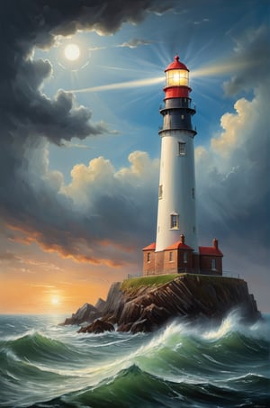 (masterpiece),lighthouse seen from the sea, lighthouse seen from the boat, landscape painting, border between day and night, lighthouse light, security feeling, rendering, painting painted by masters, masterpiece, oil painting, fine details, intricate details, (mysterious), 

add_more_creative