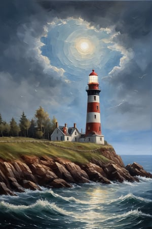 (masterpiece),lighthouse seen from the sea, lighthouse seen from the boat, landscape painting, border between day and night, lighthouse light, security feeling, rendering, painting painted by masters, masterpiece, oil painting, fine details, intricate details, (mysterious), 

add_more_creative