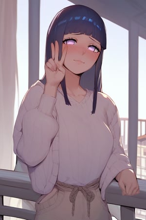 score_9, score_8_up, score_7_up, score_6_up, Hinata Hyuuga(Shippuden), thin clothes, 1girl, doing the shh sign, blush, in balcony, source_anime