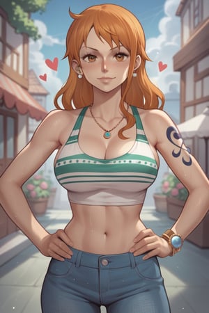 score_9, score_8_up, score_7_up, score_6_up, source_anime, ratings_safe, 1girl, Nami(One Piece), sexy body, shot from behind, looking  at the viewer, hands on hips, smiles, lone alley background, portrait, hearts, black stroke lines, motion_lines, anime style, illustration