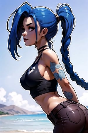 1girl, perfect body, perfect anatomy,perfect breasts (3:2), perfect hairs(ponytail),  High detailed, wearing black pants(short), black short t-shirt, back side angle, sexy back tattoos, gothic black lipstick, JinxLol