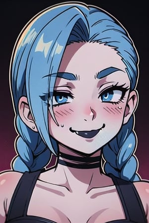 1girl, face only, face shot, perfect face, perfect eyes, hairs covering her eyes, mouth opened, lusty smile, blushed face, gothic black lipstick, JinxLol