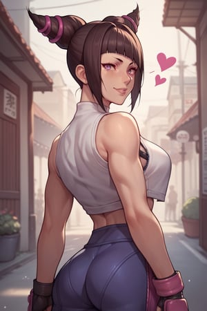 score_9, score_8_up, score_7_up, score_6_up, source_anime, ratings_questionable, 1girl, Juri-Han(From Street Fighters), sexy body, shot from behind, looking backwards at the viewer, smiles, alone street background, portrait, hearts, black stroke lines, motion_lines, anime style, illustration