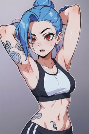 1girl, perfect body, perfect anatomy,perfect breasts (3:2), perfect hairs(ponytail),  (sports bra black)bra underneath, branded sports bra, bra has white outlines, ,High detailed, hands on her hair, fixing her hairs, sexy armpits, tattooed armpits, tattooed arms, JinxLol
