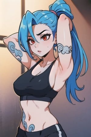 1girl, perfect body, perfect anatomy,perfect breasts, perfect hairs(ponytail),  (sports bra black)bra underneath, ,High detailed, hands on her hair, fixing her hairs, sexy armpits, tattooed arms, JinxLol