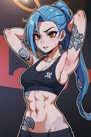 1girl, perfect body, perfect anatomy,perfect breasts, fluffy breasts, perfect hairs(ponytail),  (sports bra black)bra underneath, branded black sports bra, High detailed, sexy navel, sexy abs, hands on her hair, fixing her hairs, sexy armpits, tattoos on her arms, tattooed arms, JinxLol,JinxLol