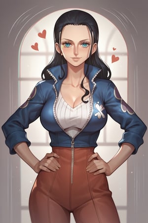 score_9, score_8_up, score_7_up, score_6_up, source_anime, ratings_safe, 1girl, Nico Robin(One Piece), sexy body, looking  at the viewer, hands on hips, smiles, lone alley background, portrait, hearts, black stroke lines, motion_lines, anime style, illustration