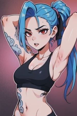 1girl, perfect body, perfect anatomy,perfect breasts, perfect hairs(ponytail),  (sports bra black)bra underneath, ,High detailed, hands on her hair, fixing her hairs, sexy armpits, tattooed arms, JinxLol