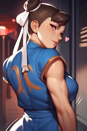 score_9, score_8_up, score_7_up, score_6_up, source_anime, ratings_questionable, 1girl, Chun-Li(From Street Fighters), sexy body, shot from behind, looking backwards at the viewer, smiles, street background, portrait, hearts, black stroke lines, motion_lines, anime style, illustration