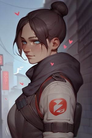 score_9, score_8_up, score_7_up, score_6_up, source_anime, ratings_safe, 1girl, Wraith(From Apex Legends), shot from behind, looking at the viewer, smiles, street background, portrait, hearts, black stroke lines, motion_lines, anime style, illustration