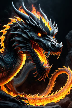  Eastern Dragon, fire , black style, masterpiece, best quality, high detailed, effects, magic, nature background, glowing, skill game, ultra realistic, raw photo,monster