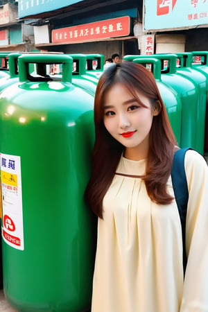 8K, fine picture, wide movie, LenA Asia cute gril, back hair, sold out 5kg, 10kg and 20kg gas cylinders gas store, background is city