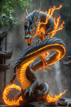  Eastern Dragon, fire , black style, masterpiece, best quality, high detailed, effects, magic, nature background, glowing, skill game, ultra realistic, raw photo