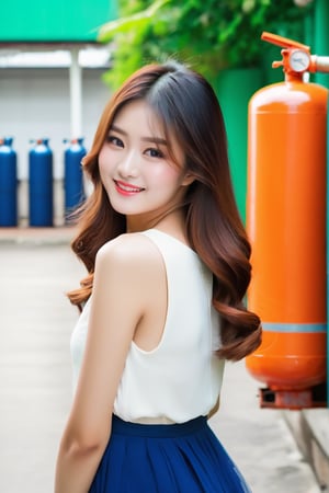 A Asia cute gril, back hair, gas store, background is gas cylinders 