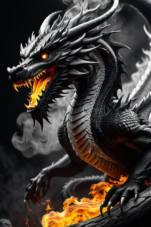  Eastern Dragon, fire , black ＆ white style, masterpiece, best quality, high detailed, effects, magic, nature background, glowing, skill game, ultra realistic, raw photo,monster